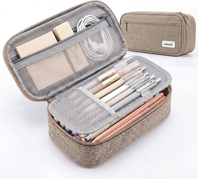 WEMATE Pencil Case, Large Capacity Pencil Pouch, Big Storage Organizer | for Stationery, Zipper Pen Bag, Travel Pen Box, Office Organizer Makeup Bag for Men Women Brown