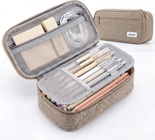 WEMATE Pencil Case, Large Capacity Pencil Pouch, Big Storage Organizer | for Stationery, Zipper Pen Bag, Travel Pen Box, Office Organizer Makeup Bag for Men Women Brown