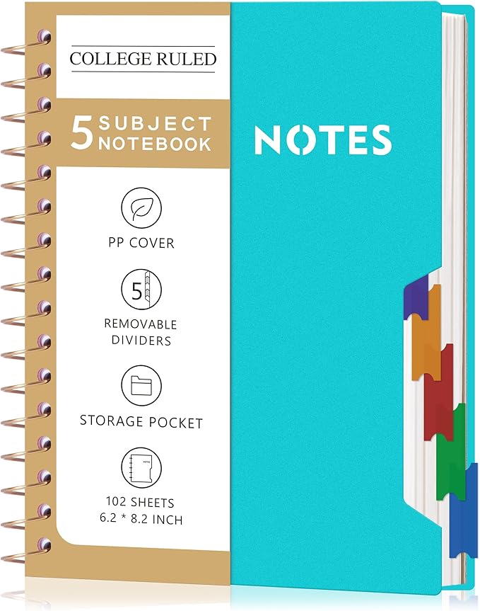 CAGIE Small Spiral Notebooks with Removable Dividers Tabs, 5 Subject Notebook College Ruled, A5 Notebooks for School Work with Plastic Cover, Back Pocket, Spiral Bound, Teal