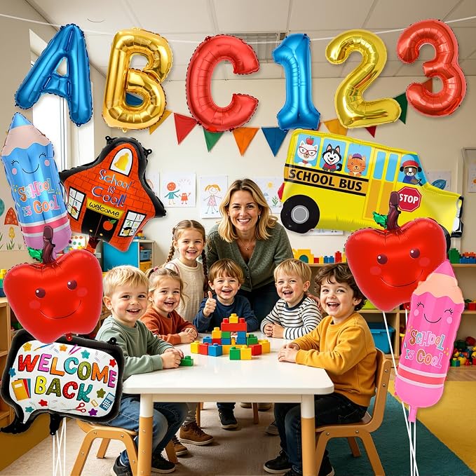 Back to School Balloons,Back to School Decorations,ABC 123 Foil Balloons | 13PCS Back to School Balloon with School Bus,Apples,Pencils, Welcome Balloon for Classroom, Kindergarten, First Day of School