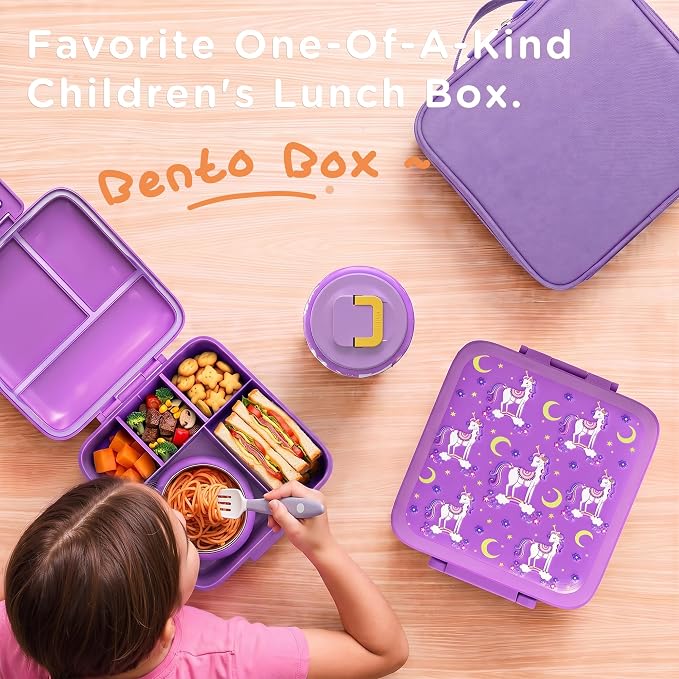 JXXM Bento Lunch Box for Kids With 8oz Soup thermo,Leak-proof Lunch Containers with 5 Compartment,thermo Food Jar and Lunch Bag, Food Containers for School (Purple Unicorn)