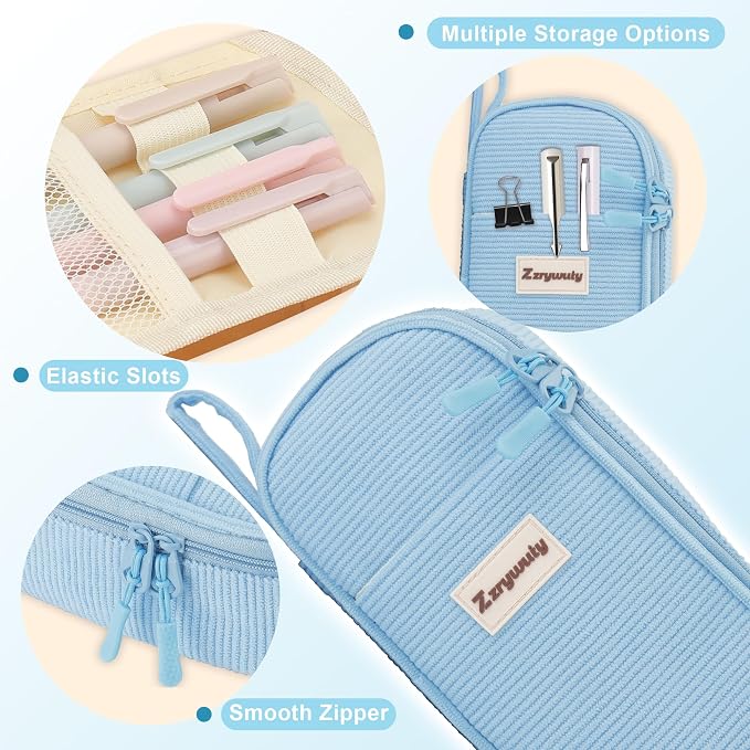 Zzrywuty Aesthetic Pencil Case, Large Capacity Soft Corduroy Pouch with Handle, Wide Opening Blue Cute Stationery Bag & Organizer for School Office, Teens Adults