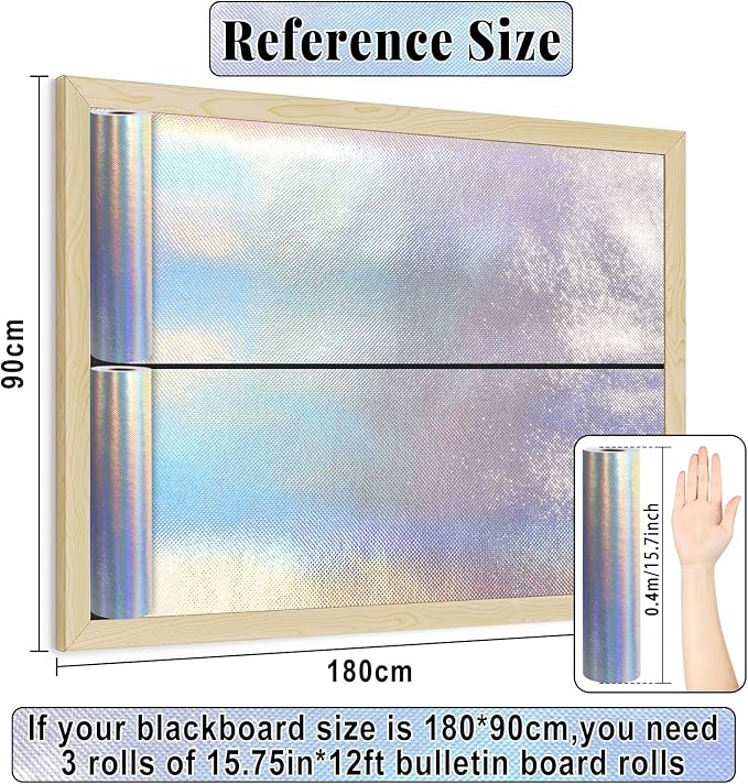 Iridescent Bulletin Board Roll Reusable Waterproof Erasable Silver Holographic Non-Woven Fabric Bulletin Board Roll Iridescent Laser Poster for Teacher Classroom Decors Wrap Crafts 15.75" x 12ft