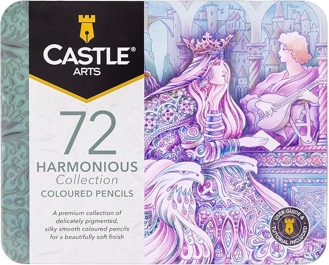 Castle Art Supplies Harmonious Colored Pencil Set | 72 Muted, Wax-Based Soft Core Coloring Pencils for Adult Artists' Relaxation | Presented in Tin Case