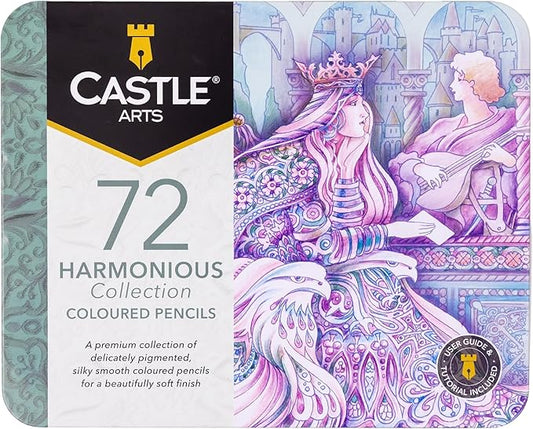 Castle Art Supplies Harmonious Colored Pencil Set | 72 Muted, Wax-Based Soft Core Coloring Pencils for Adult Artists' Relaxation | Presented in Tin Case