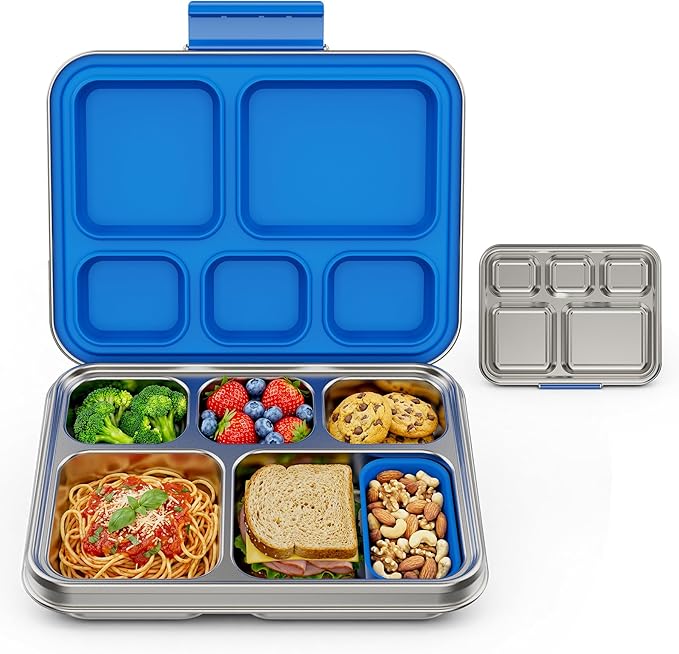 Pawtong Stainless Steel Lunch Box, 5-Compartment Bento Lunch Box for Kids & Adults,Metal Lunch Box with Removable Silicone Container, Lunch Box Containers for School,Office (Blue)