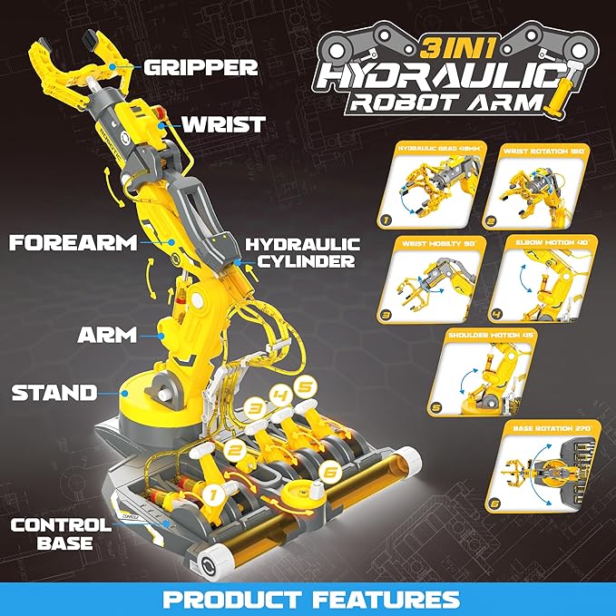 SMIESSKIDDO 3 in 1 Hydraulic Robot Arm - 220 Pcs STEM Building Toys with 4-Jaw Grab, Suction & Tongs for Kids 8-12 | No Batteries Needed Engineering Gift for Boys & Girls Ages 9 10 11 - Yellow