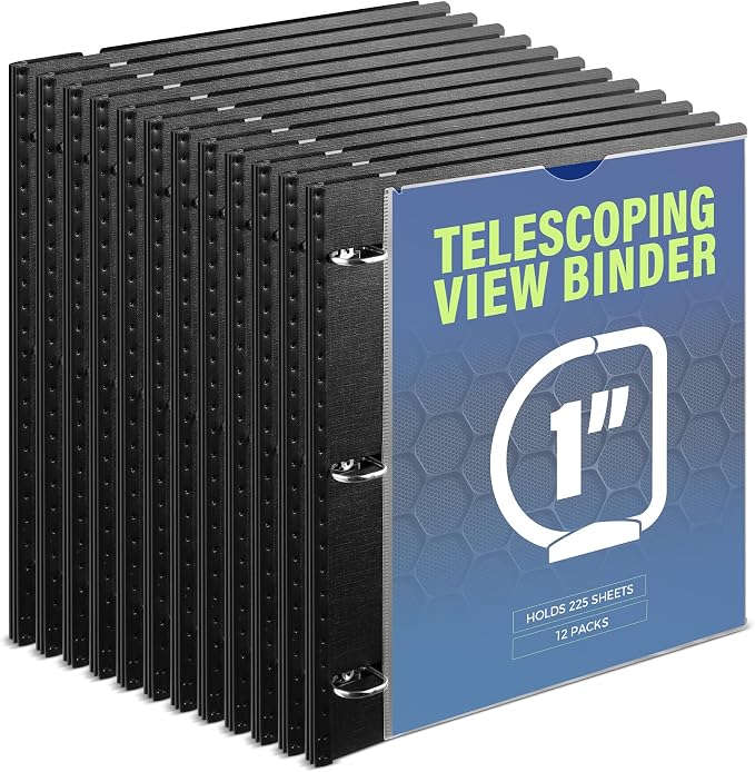 WOT I 12-Pack Telescoping 3 Ring Binder 1 Inch, Expandable Flexible Binder - Patented Design for Easy Portability, Holds 8.5"x11" Paper, Perfect for School, Office&Home Organization, Black