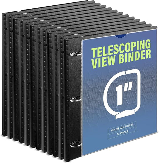 WOT I 12-Pack Telescoping 3 Ring Binder 1 Inch, Expandable Flexible Binder - Patented Design for Easy Portability, Holds 8.5"x11" Paper, Perfect for School, Office&Home Organization, Black
