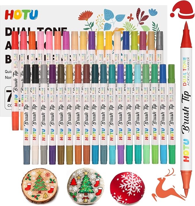 HOTU 72 Colors Acrylic Paint Markers, Acrylic Markers with 36 Dual-Brush Tip Paint Markers for Stocking Stuffers, Rocks, Coloring Books, DIY Art Supplies