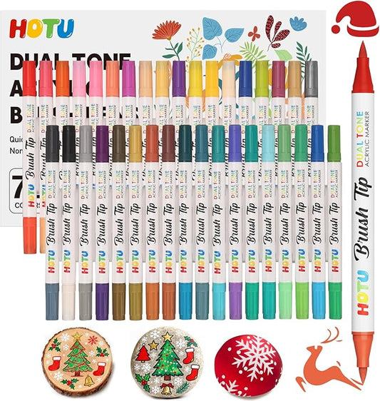 HOTU 72 Colors Acrylic Paint Markers, Acrylic Markers with 36 Dual-Brush Tip Paint Markers for Stocking Stuffers, Rocks, Coloring Books, DIY Art Supplies