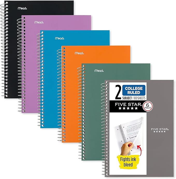 Five Star Small Spiral Notebooks, 6 Pack, 2 Subject, College Ruled Paper, 9-1/2" x 6", 100 Sheets, Amethyst Purple, Sedona Orange, Seaglass Green, Tidewater Blue, Gray, Black (73711)