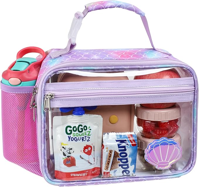 Bagseri Kids Clear Lunch Bag - Girls Lunch Box for School Reusable Snack Bag with Water Bottle Holder Stadium Approved Clear Bag, Purple Mermaid Shell