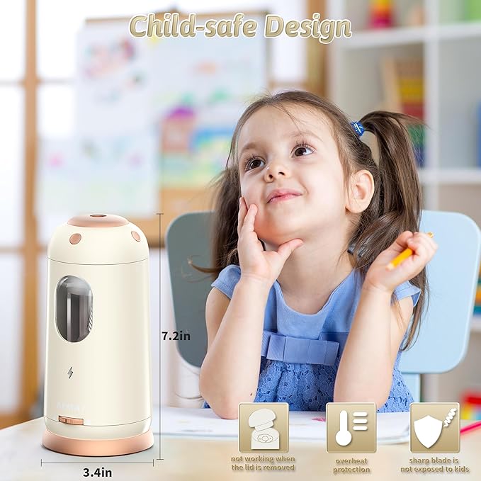 AFMAT Electric Pencil Sharpener, Auto in & Out, Fully Automatic Pencil Sharpener, Rechargeable Hands-Free Sharpeners for Jumbo & Colored Pencils (7-11.5mm), Good for Classroom/Home PSC8(Off White)