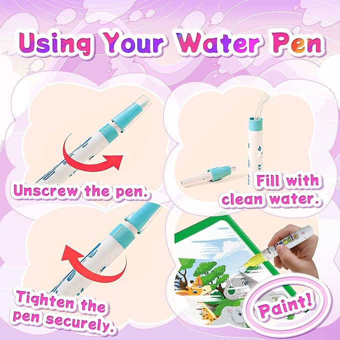 Reusable Water Coloring Books for Toddlers 1-3 with 18+ Stickers & No-Mess Pen, Animal Theme Water Coloring Books for Toddlers 1-3, Magic Paintless Painting Book for Toddler, Paintless Painting Book