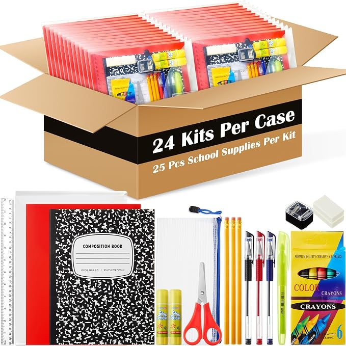 AmazingSpark 24 Sets Back to School Supplies Kit for Students Grade 7-12 Donation Kits Back to School Supplies Bundle Essentials Includes Folder Highlighters Crayons Notebooks Scissors and More