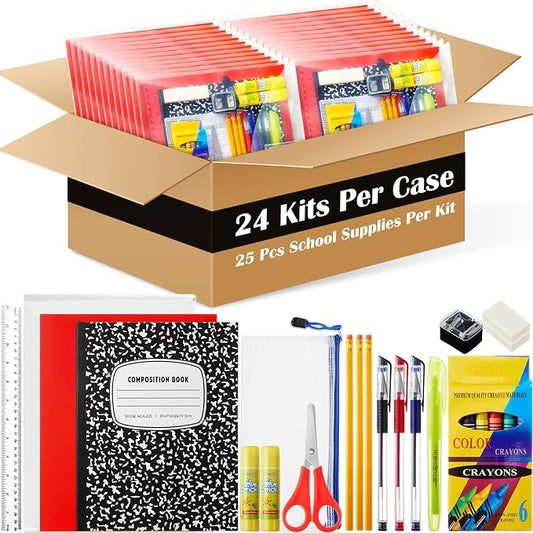AmazingSpark 24 Sets Back to School Supplies Kit for Students Grade 7-12 Donation Kits Back to School Supplies Bundle Essentials Includes Folder Highlighters Crayons Notebooks Scissors and More