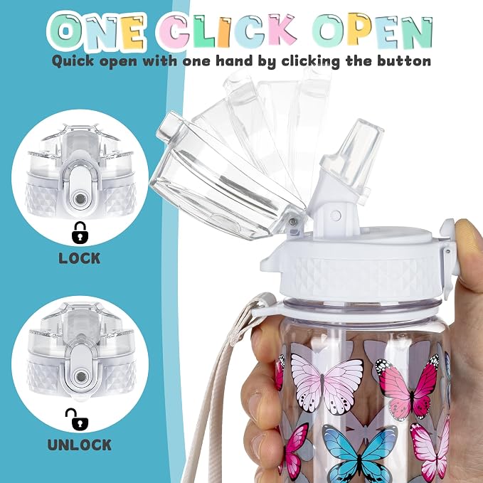 OLDLEY 17oz Kids Water Bottle, Tritan BPA-Free, Leakproof Flip Straw Lid, Motivational Time Marker, Carry Strap, Reusable Clear Water Bottle for Boys & Girls,Clear Butterflies