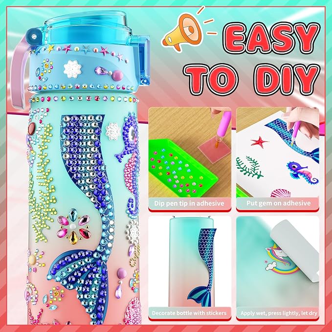 BOOH Decorate Your Own Water Bottle Kits for Girls, Mermaid Diamond Painting Toys & Friendship Bracelet, Fun Arts Crafts for Ages 4-6-8-10, Birthday Gifts Toys for Kids