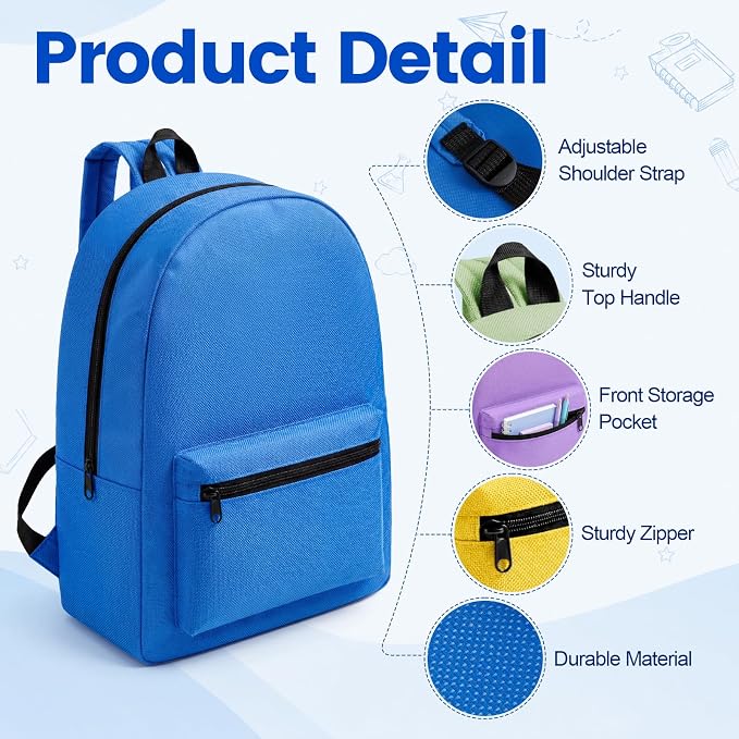 12 Pack Backpacks Bulk, 17 Inch Lightweight Bookbags in 6 Colors，Wholesale Backpack for Back to School Supplies