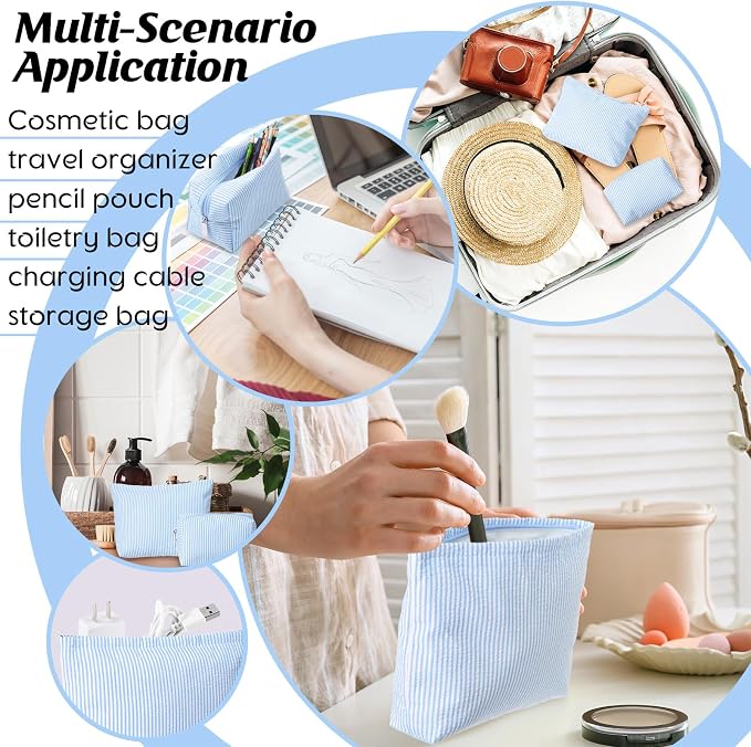 Huhumy 2 Pcs Makeup Bag Set for Women, Blue,Thin Striped Seersucker | Cute Cosmetic Pouch Women Travel Toiletry Bag Preppy Small Makeup Purse Pouch Aesthetic Skincare Brushes Storage Organizer