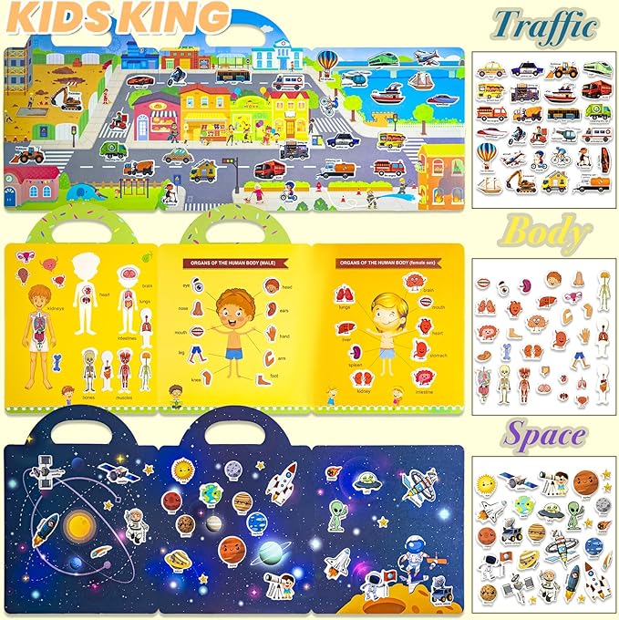 Reusable Sticker Books for Toddlers 1-3, Puffy Stickers Book for Kids Ages 2-4, Toddler Travel Toys for Birthday Christmas - Animal, Marine, Dinosaur, Traffic, Space, Organ (6 Set)