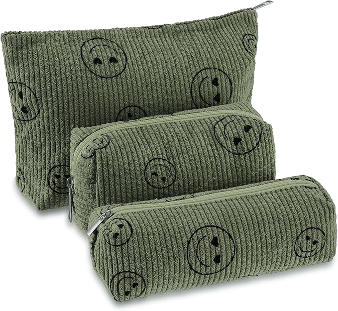 Huhumy 3 Pcs Makeup Bag Set for Women Corduroy Cosmetic Pouch Aesthetic Smile Travel Toiletry Bag Cute Purse Pouch Pencil Case Makeup Brushes Storage Organizer with Zipper(Army Green,Smile Face)