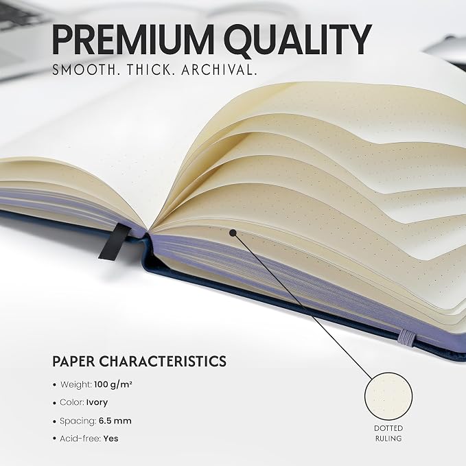 EVERLINEA 5.6” x 8.3” Embossed Bee A5 Hardcover Notebook, 240 Dotted Pages, Navy Blue