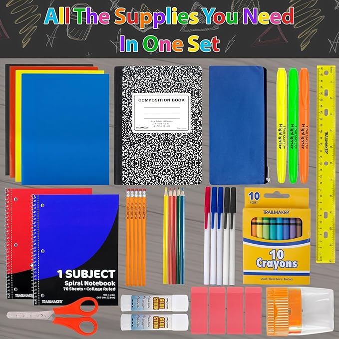 Trail maker Bulk Elementary School Supply Kits, 12 Packs of 45 Piece Wholesale School Supplies for Kids Includes Folders Notebooks Pencils Pens and Much More!