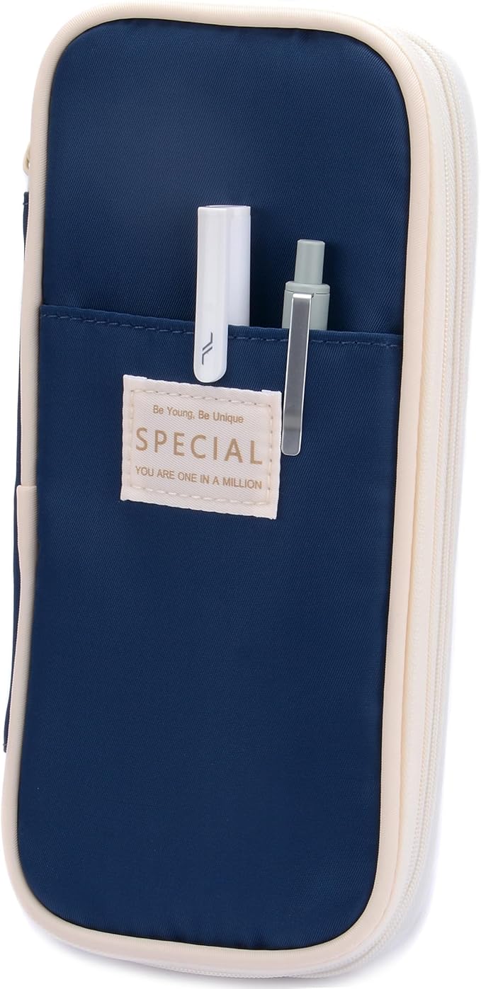 Large Capacity Big Special Cute Aesthetic Preppy Canvas Pencil Case Organizer Holder Pouch Bag with Zipper Compartments, Pen Cases for Women Girls School Adults (Navy)