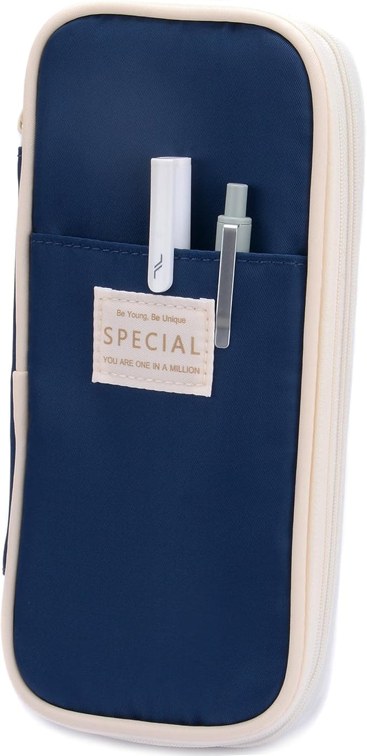 Large Capacity Big Special Cute Aesthetic Preppy Canvas Pencil Case Organizer Holder Pouch Bag with Zipper Compartments, Pen Cases for Women Girls School Adults (Navy)