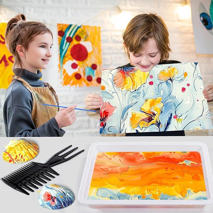 Ci Vetch Water Marbling Paint Kit for Kids, Arts & Crafts, Non-Toxic, Age 3-12, Includes 6 Colors, 10 Sheets, Tools, 12 Shells, 2 Display Boxes