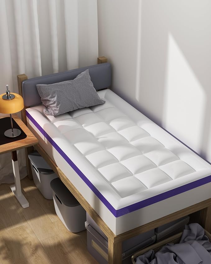 Dorm Room Essentials Dual Layer 4 Inch Memory Foam Mattress Topper Twin XL | 2 Inch Gel Memory Foam and 2 Inch Pillow Top Mattress Pad for Back to School , 7-Zone Egg Crate & 2-in-1 Design (White)