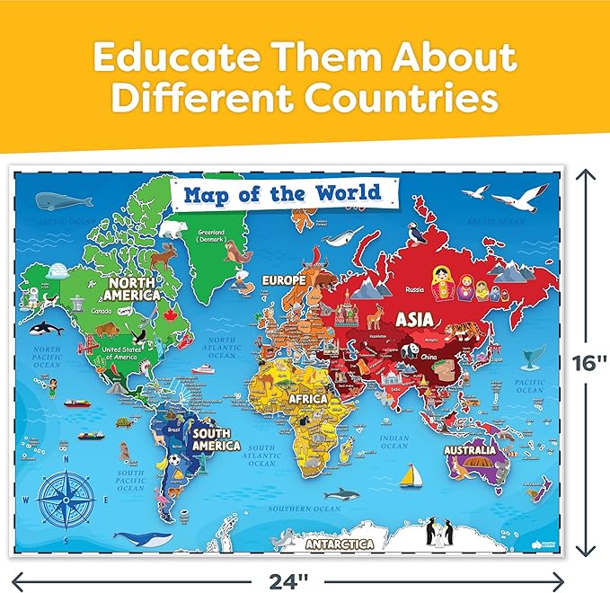 Momo & Nashi United States Map For Kids & World Maps For Kids 2pc Set - 24” x 16” Waterproof Classroom Posters - Childs World Map - Teacher Classroom Must Haves - Homeschool Teacher School Supplies