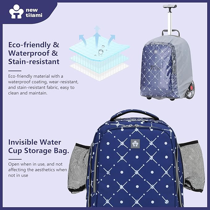 NEW TILAMI 20" Rolling Backpack for Teens Adults, Climbing Stairs Waterproof Backpack with Wheels for School Business Trave Camping with Laptop Compartment, Fit 17 Inch Laptop, Navy Bling