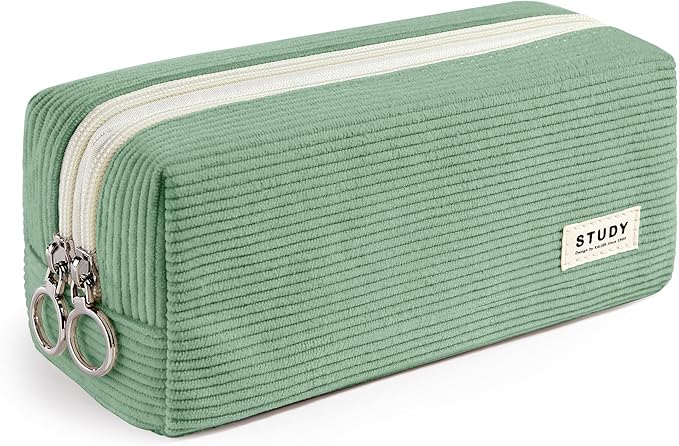 KALIDI Large Pencil Case Corduroy Pencil Pouch Box Cute School Supplies for Teen Girls Boys, Green
