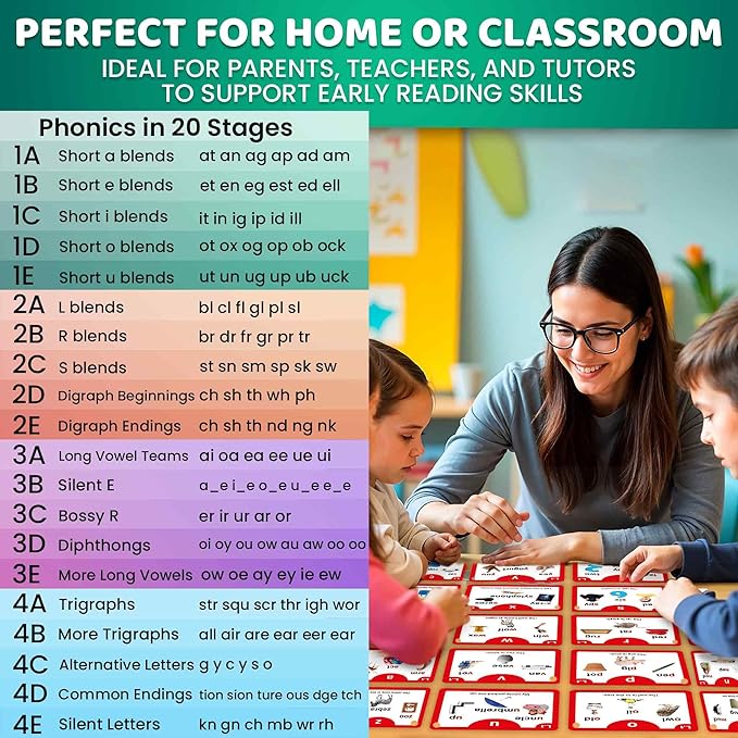 QUOKKA Phonics Flash Cards for Kids Ages 4-8 – 20 Phonic Stages 130 Card Games for Kids Ages 3-5 and 6-8 – Learn to Read Games & Reading Manipulatives for Phonemic Awareness – Alphabet CVC Blends etc