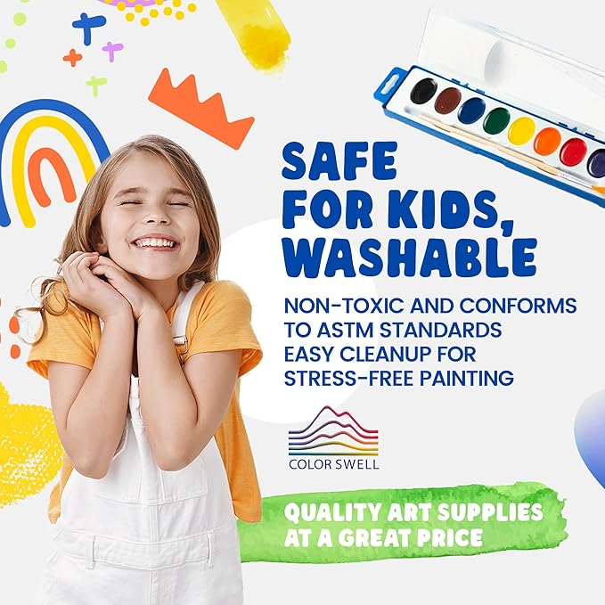 Color Swell Washable Watercolor Paint Set - 18 Pack, 8 Colors, with Wood Brush - Classroom Art Supplies for Kids