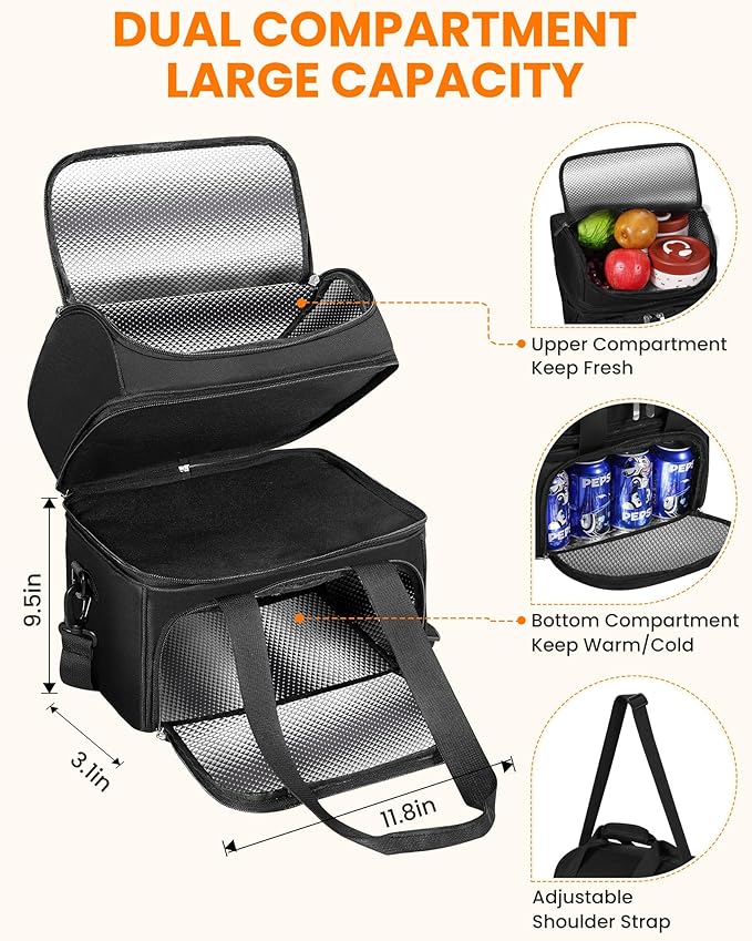 HowFly Lunch Box for Women Insulated Lunch Bag Cute Resuable Leakproof Lunch Box Portable Thermal Meal Cooler Bags for Work Picnic Travel Office (Black Nylon)