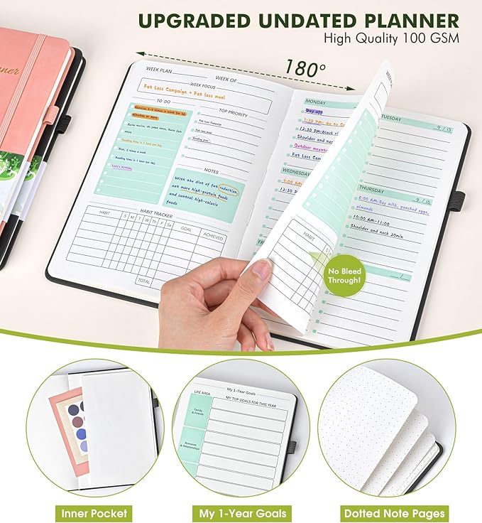 Undated Weekly and Monthly Planner, Hardcover Leather Calendar Blank Planner, Simplified To Do List Notebook with Goal & Habit Tracker Organizer, A5 Daily Weekly Planner for Work School Home, Black