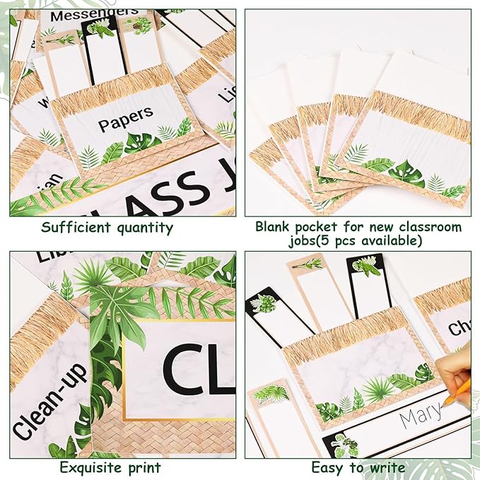 81 Piece Simply Boho Greenery Class Jobs Bulletin Board Greenery Classroom Jobs Pocket Chart Set Teacher's Helper Chalkboard Decor Classroom Bulletin Board Set Wall Decoration for Back to School