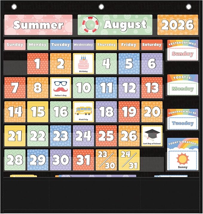 All-in-One Calendar Weather Pocket Chart - Interactive Preschool Learning Board for Morning Meeting Circle Time, with Seasons Months Days Weather Cards (Homeschool/Daycare)