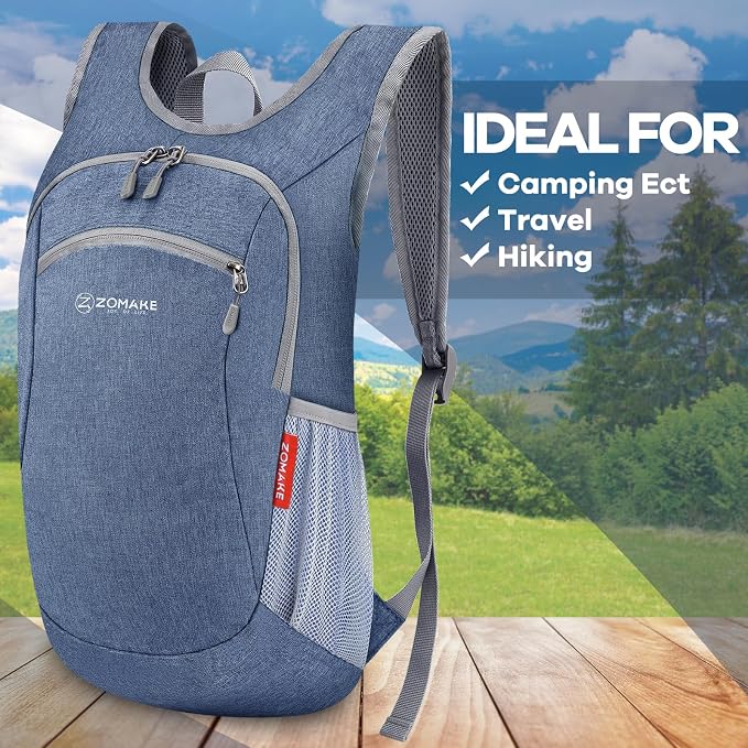 ZOMAKE Lightweight Packable Backpack, 10L Small Foldable Daypack for Hiking | Water Resistant Collapsible Backpacks for Women Men, Everyday Carry, Multi Compartment Storage, Adjustable Strap(Navy Blue)