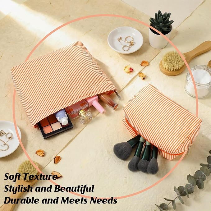 Huhumy 2 Pcs Makeup Bag Set for Women, Orange, Thin Striped Seersucker | Cute Cosmetic Pouch Women Travel Toiletry Bag Preppy Small Makeup Purse Pouch Aesthetic Skincare Brushes Storage Organizer