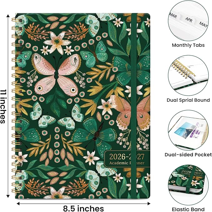 Planner 2026-2027, Monthly and Weekly Academic Planner July 2026 - June 2027, Hardcover Student Teacher Planning Agenda Calendar Book with Tabs, Perfect for Office School Supplies, A4 (8.5" x 11") - Butterfly