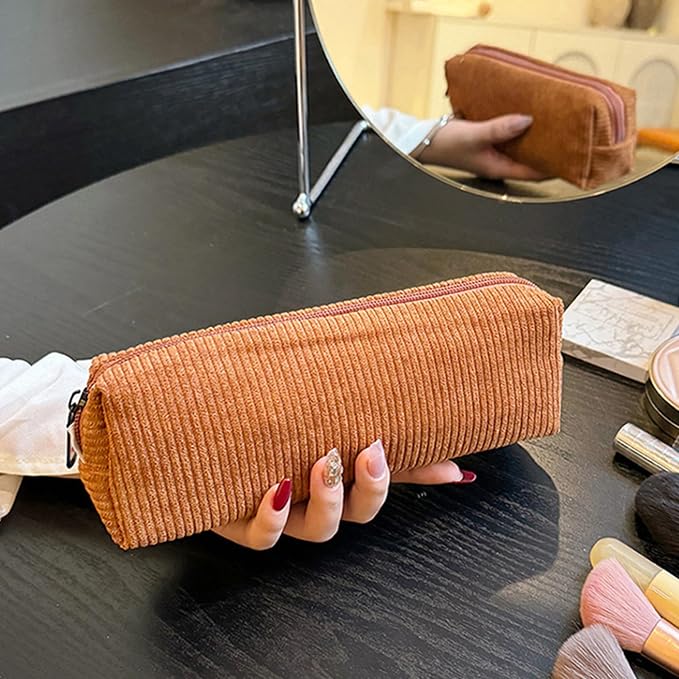 Corduroy Pencil Case for Girls Kids Large Capacity Aesthetic Pen Pouch Makeup Bag Cosmetic Organizer Cute Stationery Storage Bag for School Office Travel Minimalist Pencil Box (White)