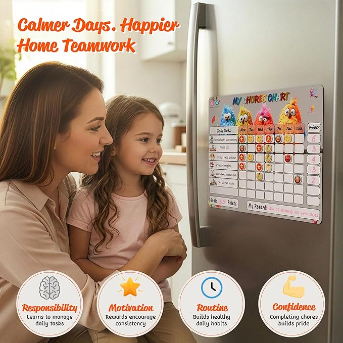 Mimi Doodle Magnetic Chore Chart for Kids – 16x12 Dry Erase Daily Responsibility Board for Fridge with 39 Chore tabs, 100 Reward Stickers – Behavior Chart for Kids at Home – Birds Theme