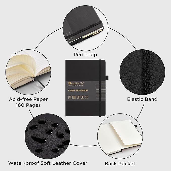 &And Per Se Lined Journal and Pen Set (3 Packs), A5 Leather Hardcover Notebook with Pen & Stationary Set, 160 Pages 100GSM Thick Ruled Paper Journal for Business Work Writing (Black-Blue-Brown)