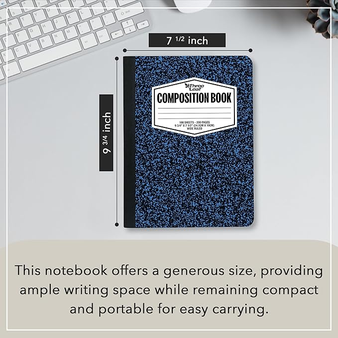 three leaf 100 SHEETS WIDE RULED 9-3/4" x 7-1/2" COLOR COMPOSITION NOTEBOOK, PACK OF 12, WRITING JOURNAL NOTEBOOK, HOME SCHOOL SUPPLIES FOR COLLEGE STUDENTS.