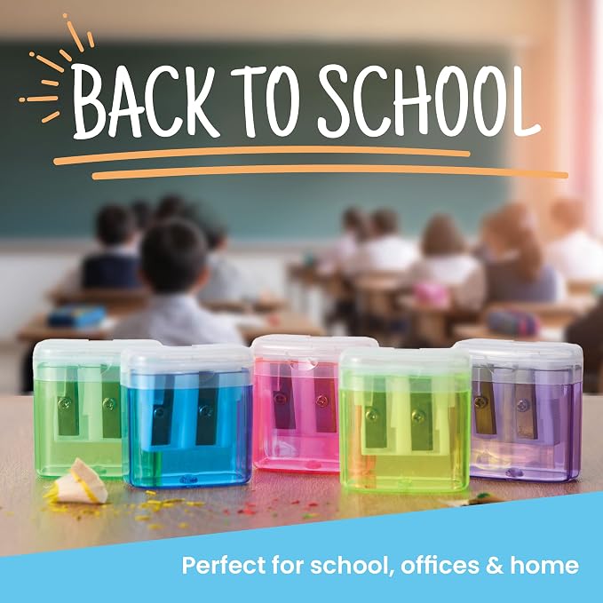 Craftzilla 50 Pack Bulk Pencil Sharpeners, Dual-Hole Manual Sharpener for Standard & Jumbo Pencils, Back to School Supplies for Classrooms & Offices with Lid, 5 Assorted Colors